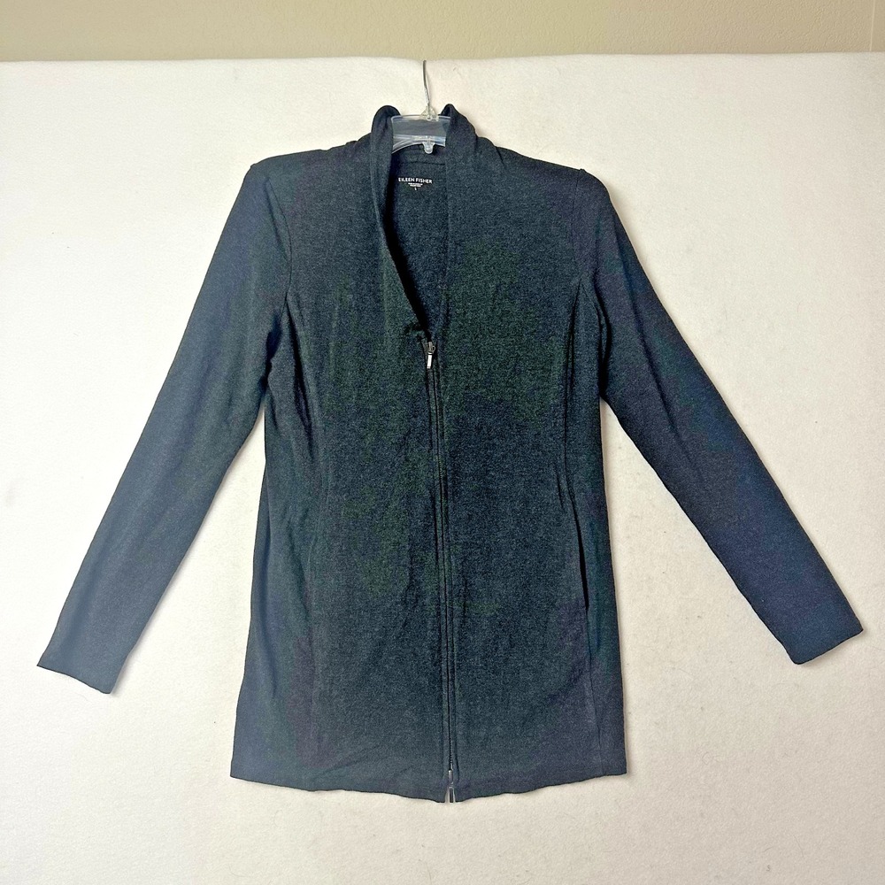 Eileen Fisher Womens Gray Full Zip Mock Neck Cardigan Jacket Viscose Stretch S